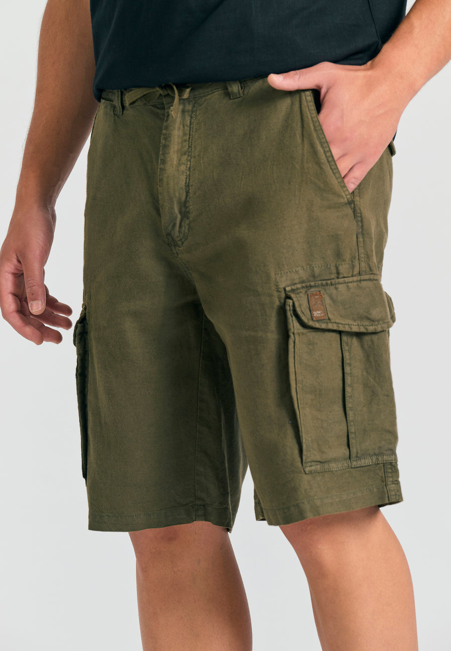 Pantaloni scurți cargo lejeri din amestec de in - Kaki