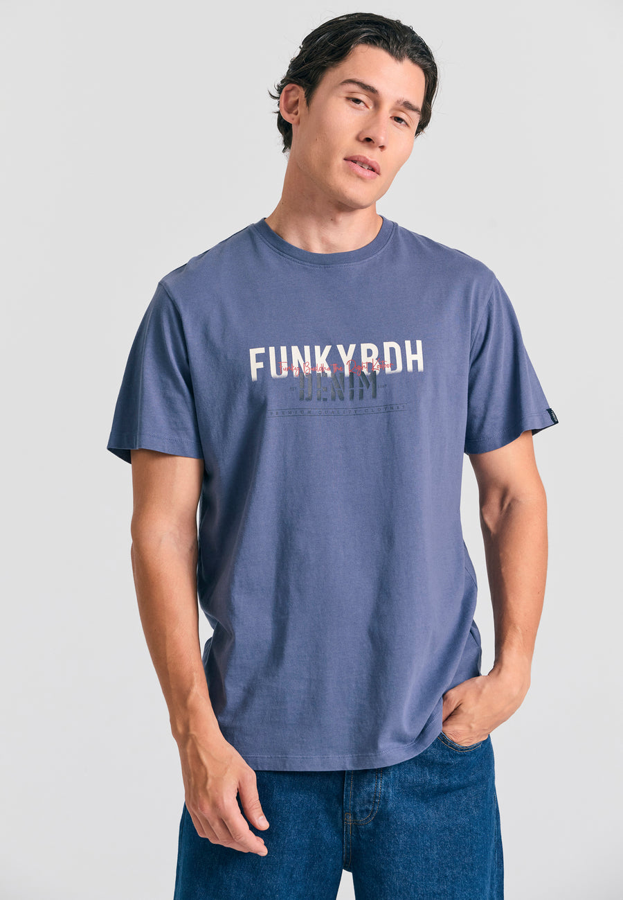 Tricou cu imprimeu decolorat pe piept - Indigo