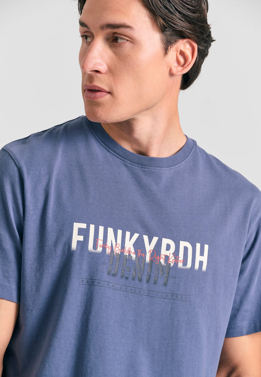 Tricou cu imprimeu decolorat pe piept - Indigo