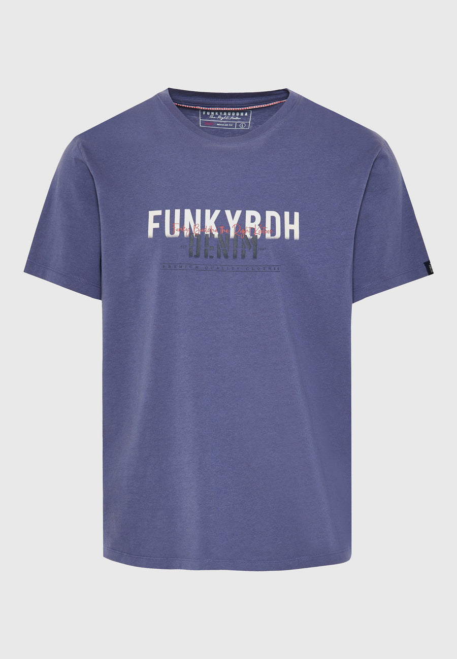 Tricou cu imprimeu decolorat pe piept - Indigo
