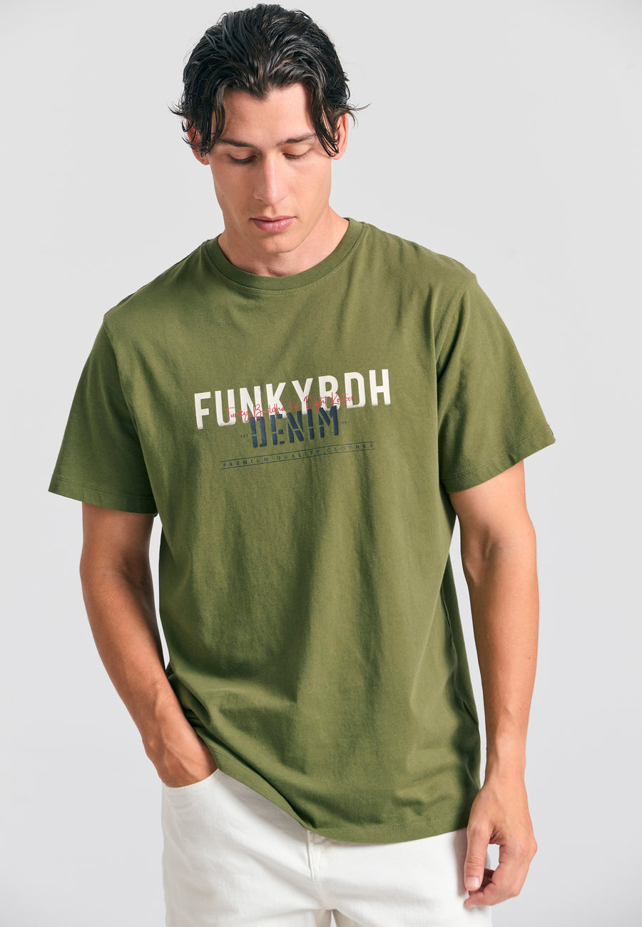 Tricou cu imprimeu decolorat pe piept - Kaki