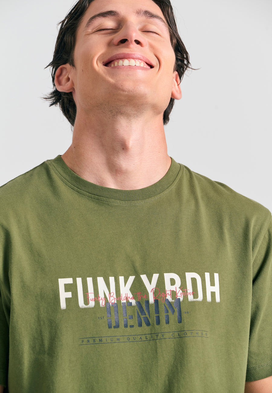 Tricou cu imprimeu decolorat pe piept - Kaki