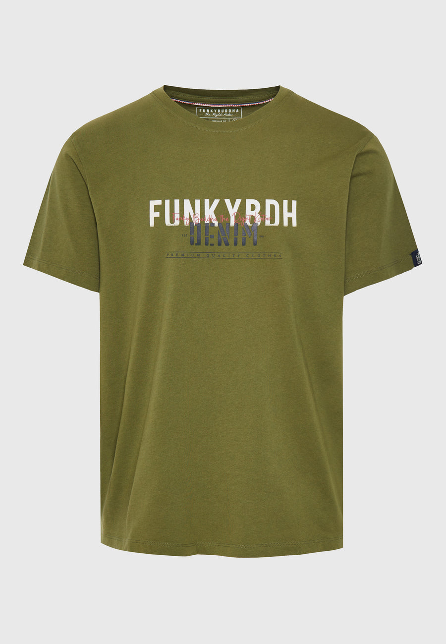 Tricou cu imprimeu decolorat pe piept - Kaki