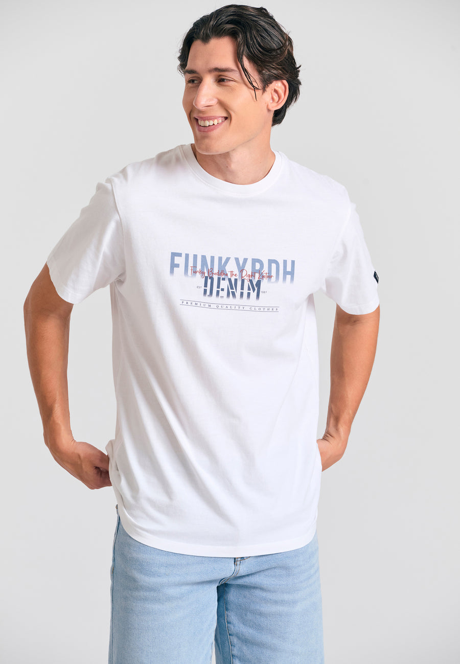 Tricou cu imprimeu decolorat pe piept - Alb