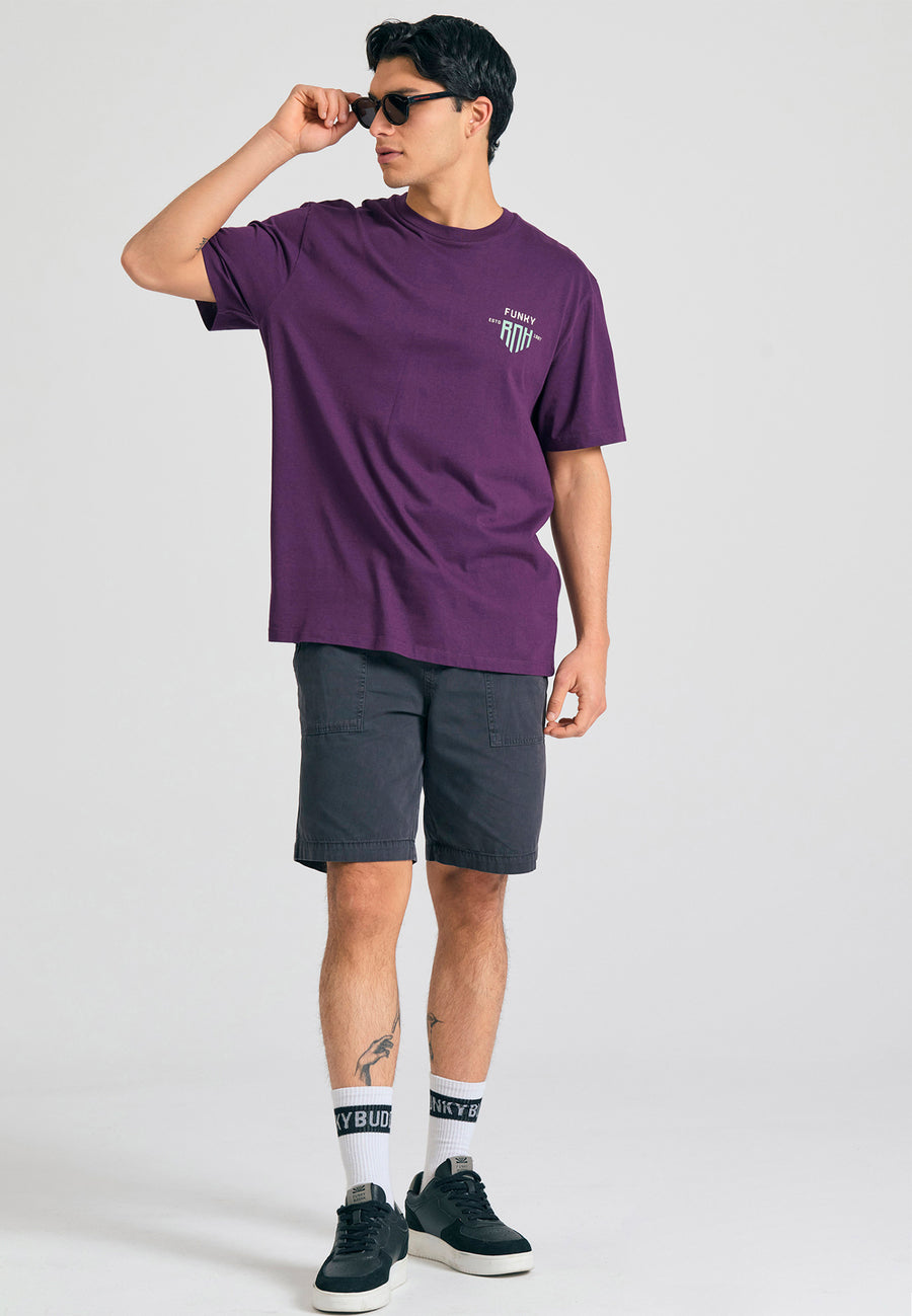 Tricou cu croială lejeră și imprimeu grafic pe spate - Prună