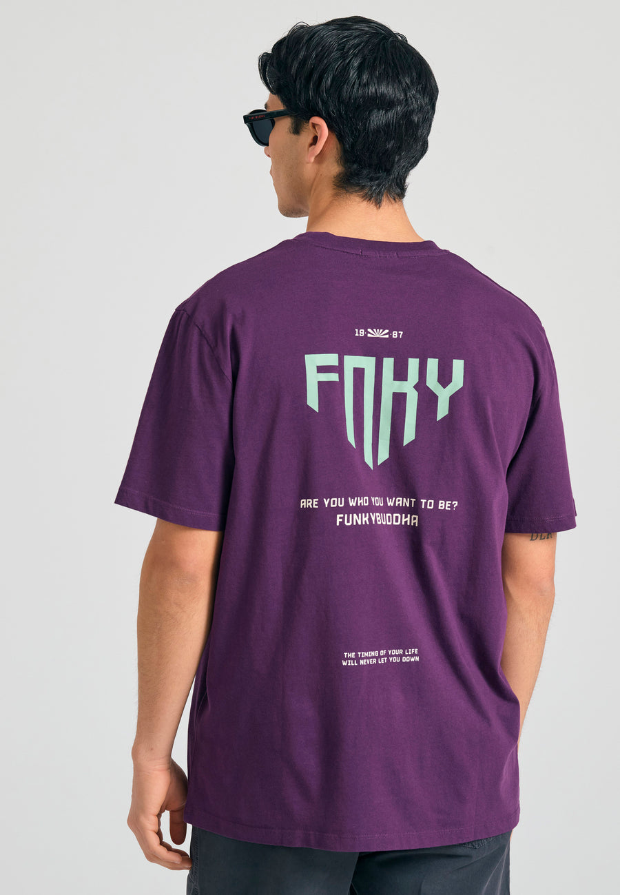 Tricou cu croială lejeră și imprimeu grafic pe spate - Prună