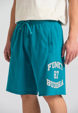 Wide leg fit sports shorts with branded print - Peacock