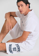 Wide leg fit sports shorts with branded print - White