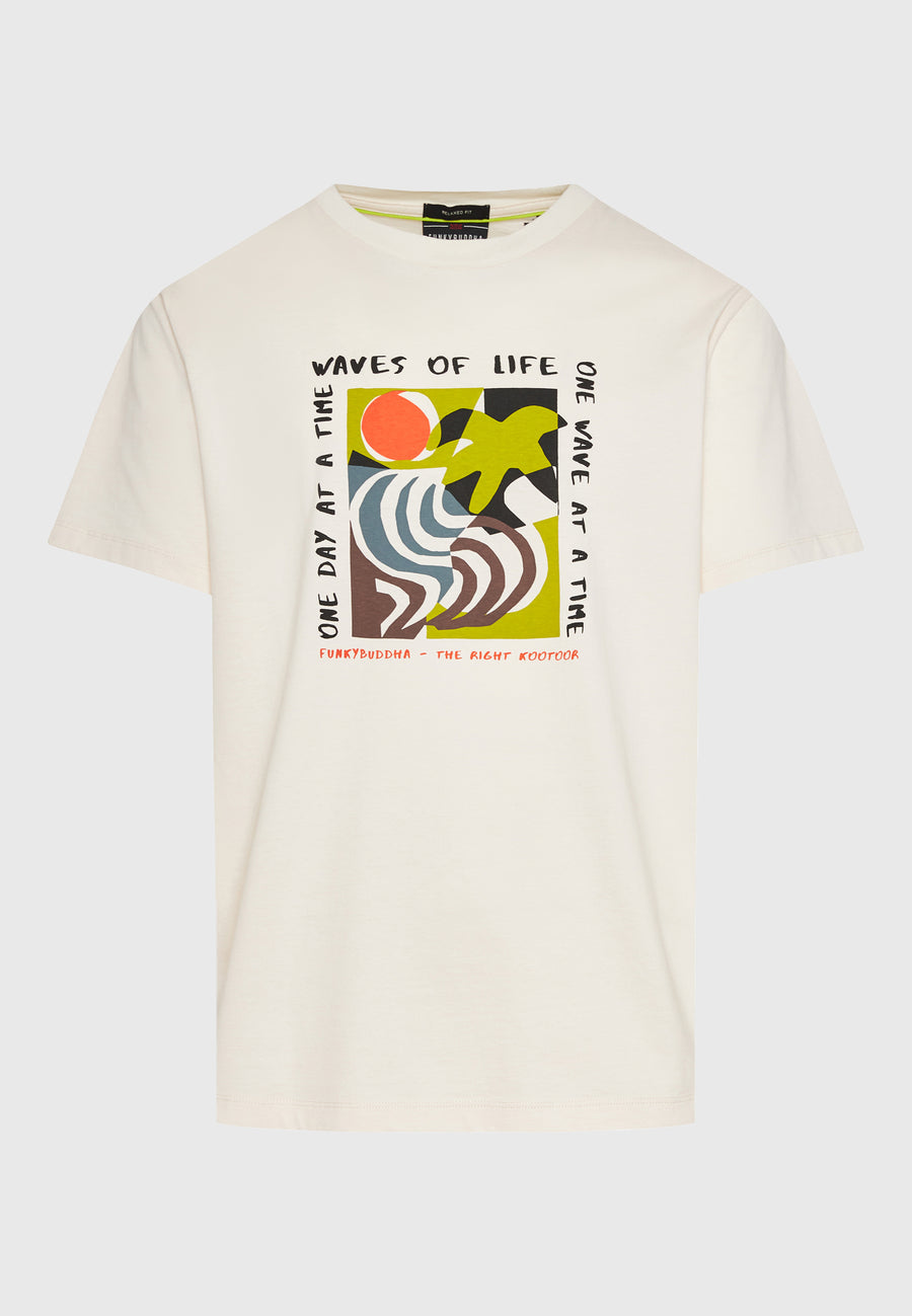 Tricou cu croială lejeră și imprimeu abstract cu rame - Alb-gălbui