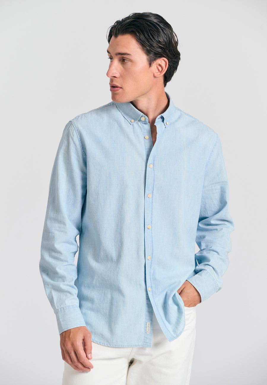 Cămașă bărbătească din chambray de bumbac - Albastru deschis