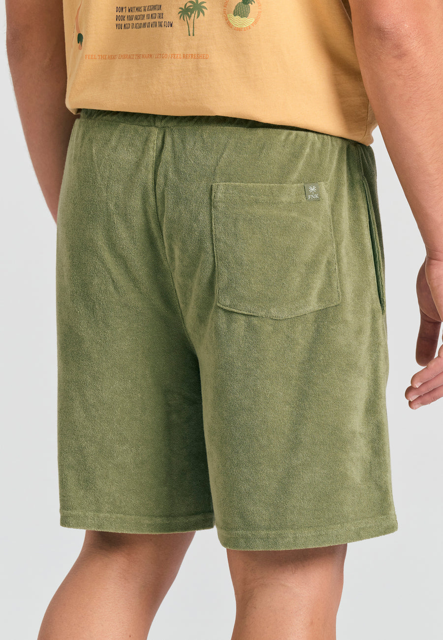 Pantaloni scurți jogger slim fit, croială conică, din material terry - Verde vânătoresc