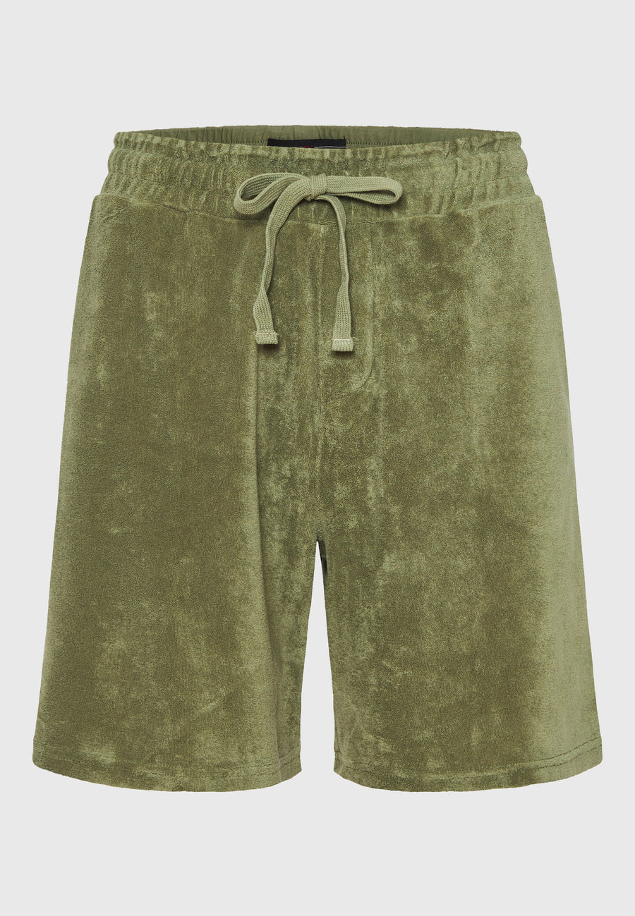 Pantaloni scurți jogger slim fit, croială conică, din material terry - Verde vânătoresc