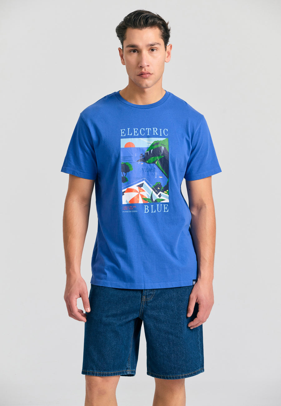 Tricou bărbătesc cu imprimeu fotografic - Indigo electric