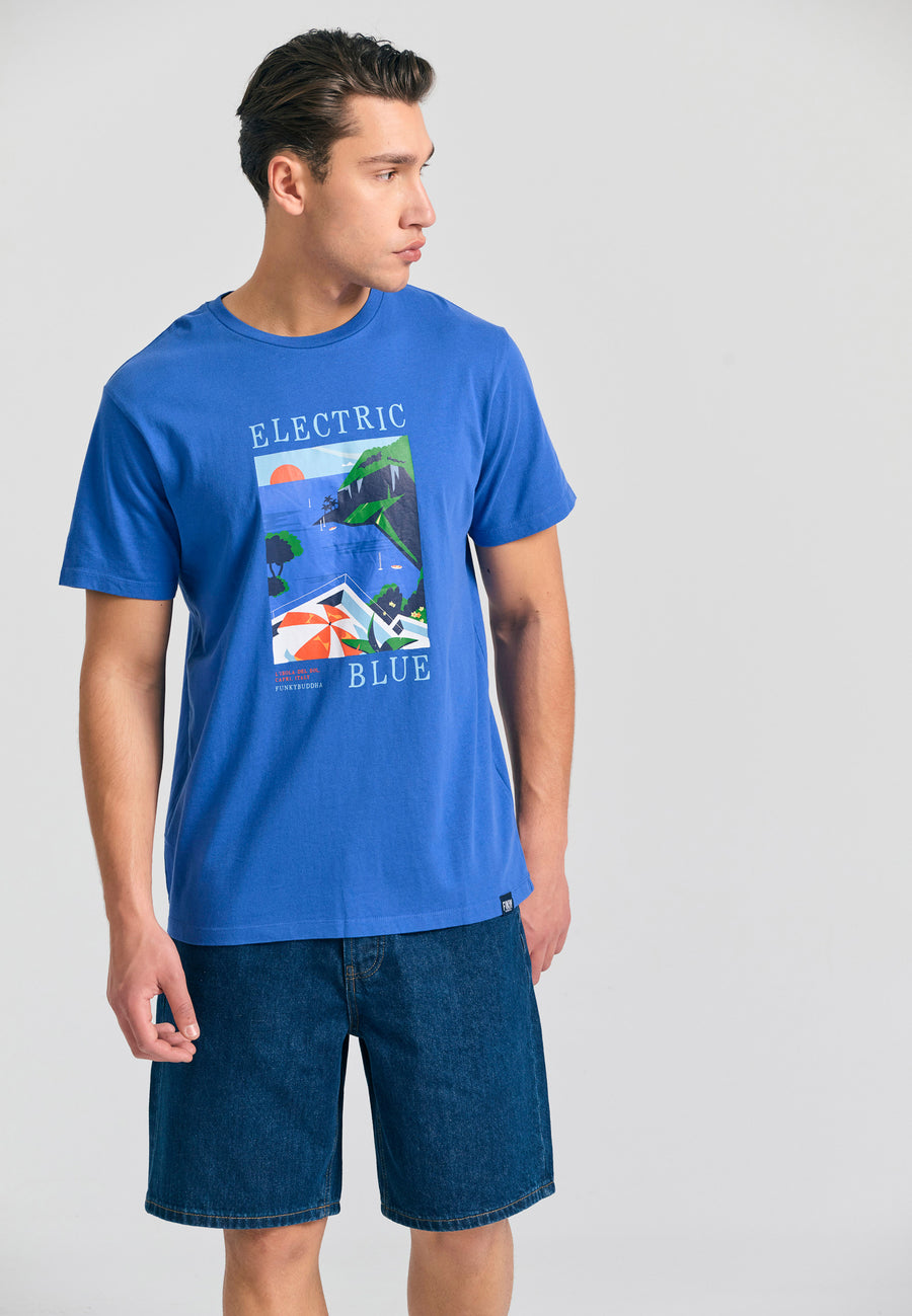 Tricou bărbătesc cu imprimeu fotografic - Indigo electric