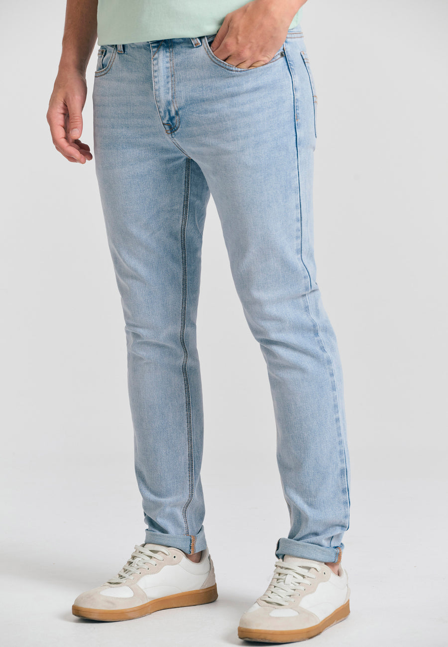 Blugi slim fit cu detalii cu mustăți - Albastru deschis