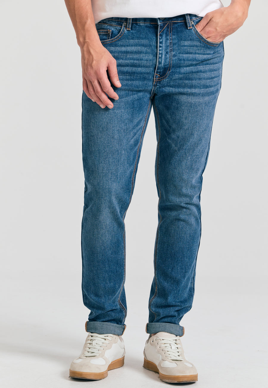 Blugi slim fit cu detalii cu mustăți - Albastru Md