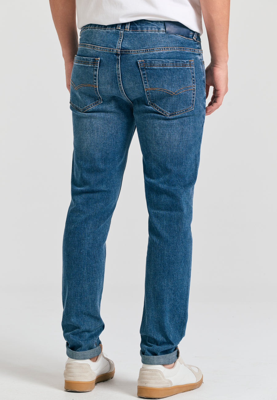 Blugi slim fit cu detalii cu mustăți - Albastru Md