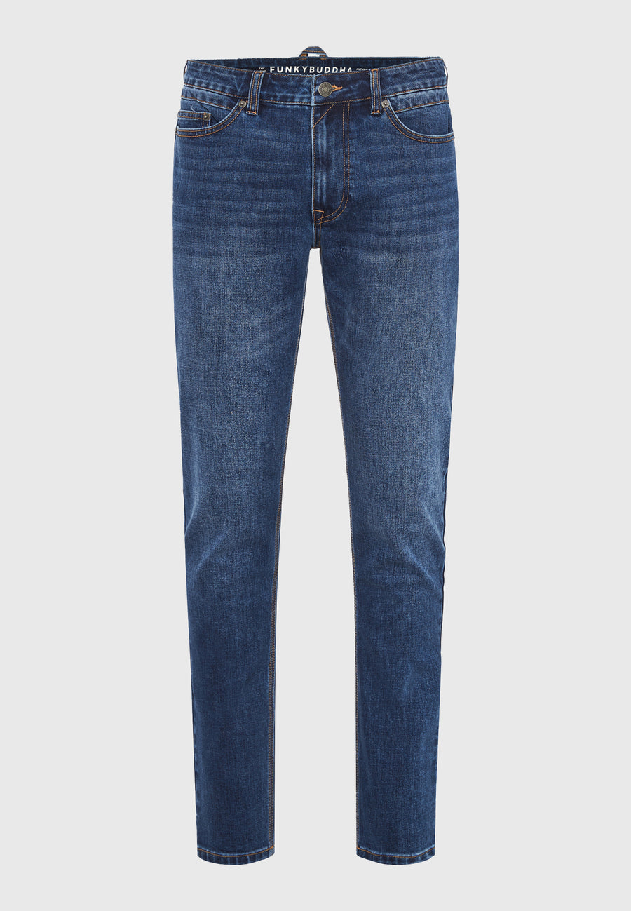 Blugi slim fit cu detalii cu mustăți - Albastru Md