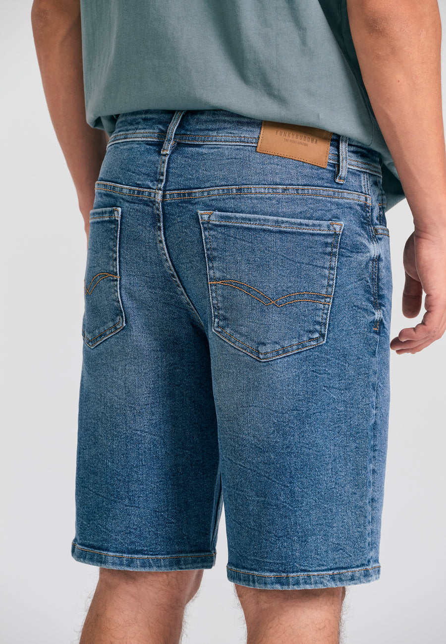 Pantaloni scurți din denim pentru bărbați cu efecte spălate - Albastru închis