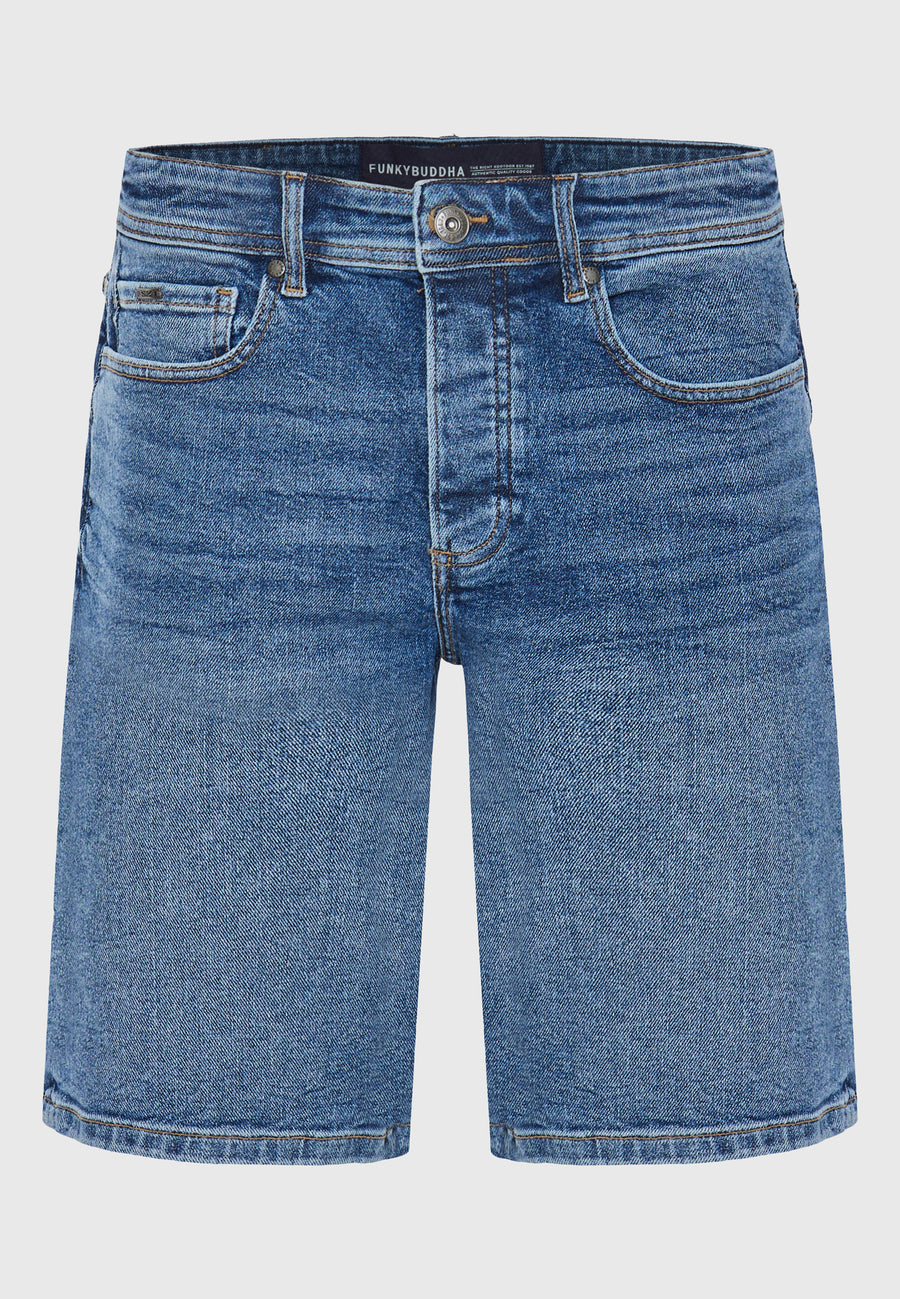 Pantaloni scurți din denim pentru bărbați cu efecte spălate - Albastru închis