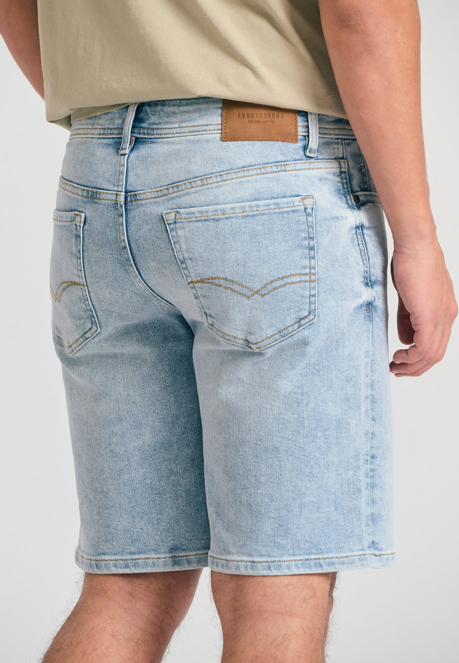 Pantaloni scurți din denim pentru bărbați cu efecte spălate - Albastru deschis