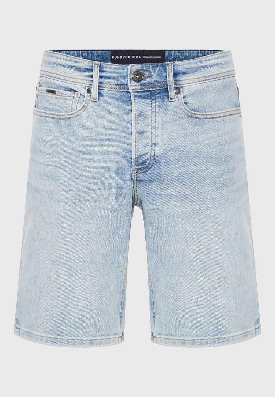 Pantaloni scurți din denim pentru bărbați cu efecte spălate - Albastru deschis