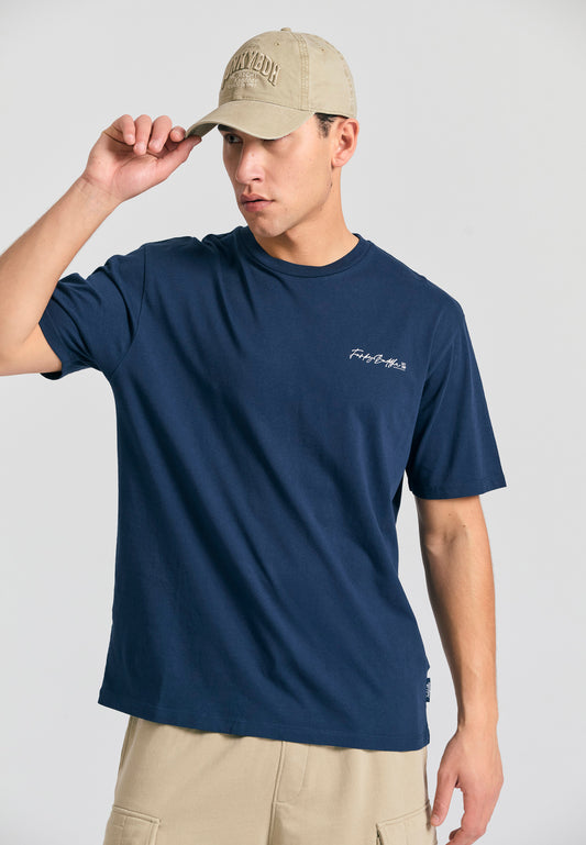 Tricou cu croială lejeră și imprimeu grafic pe spate - Bleumarin