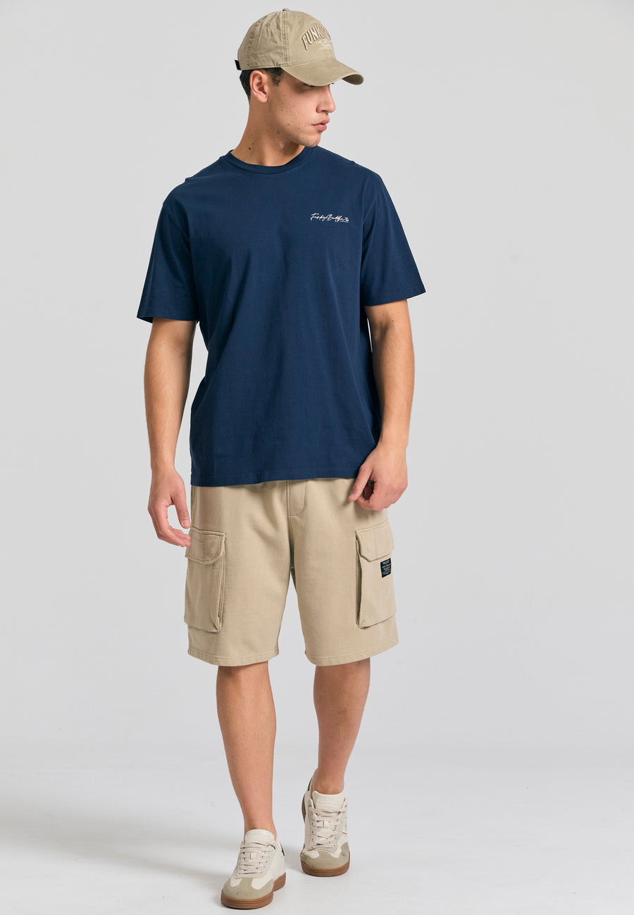 Tricou cu croială lejeră și imprimeu grafic pe spate - Bleumarin