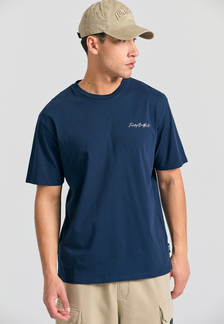 Tricou cu croială lejeră și imprimeu grafic pe spate - Bleumarin