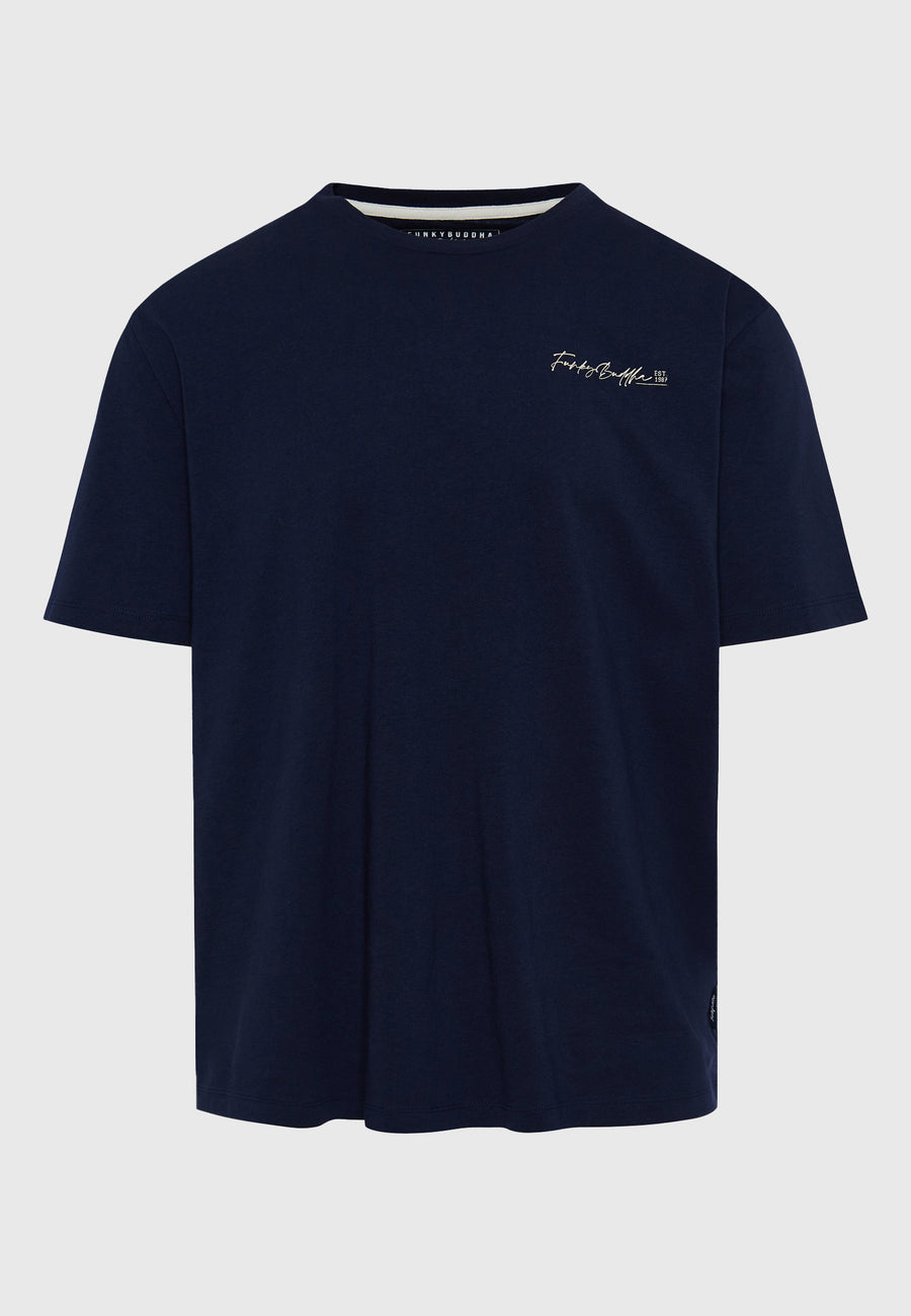 Tricou cu croială lejeră și imprimeu grafic pe spate - Bleumarin