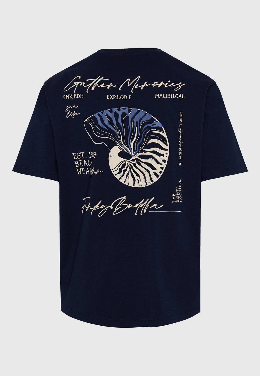 Tricou cu croială lejeră și imprimeu grafic pe spate - Bleumarin