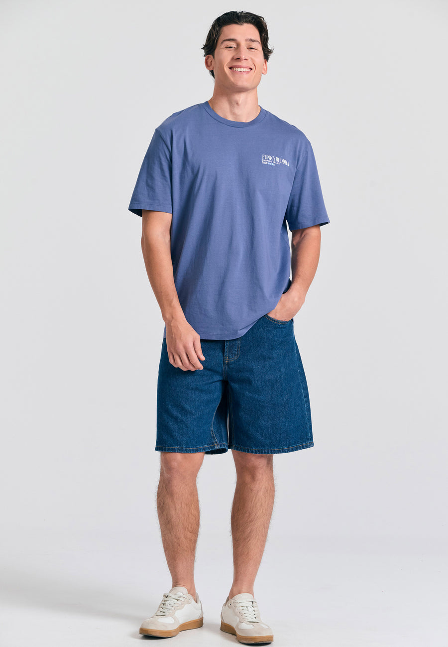 Tricou cu croială lejeră și imprimeu vintage pe spate - Indigo
