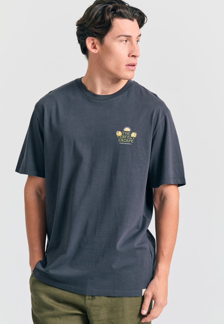 Tricou cu croială lejeră și imprimeu tropical pe spate - Antracit