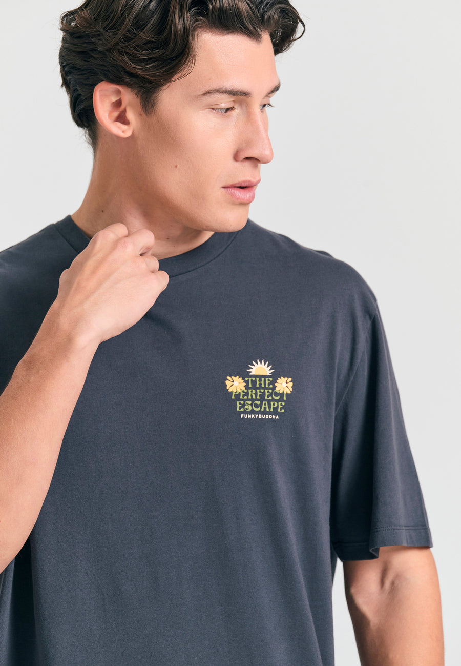Tricou cu croială lejeră și imprimeu tropical pe spate - Antracit