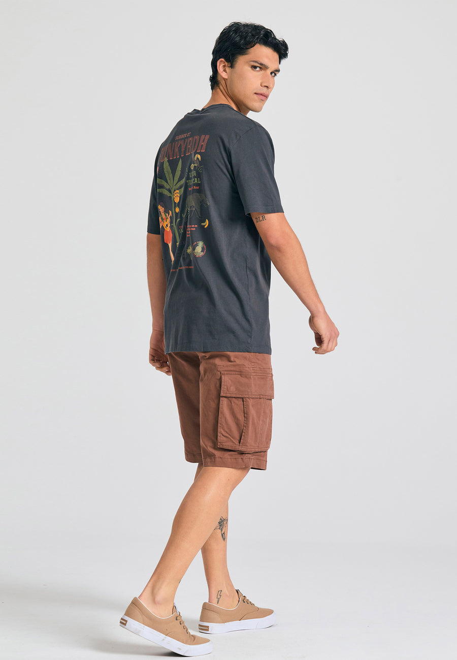 Tricou cu croială lejeră și imprimeu tropical pe spate - Antracit