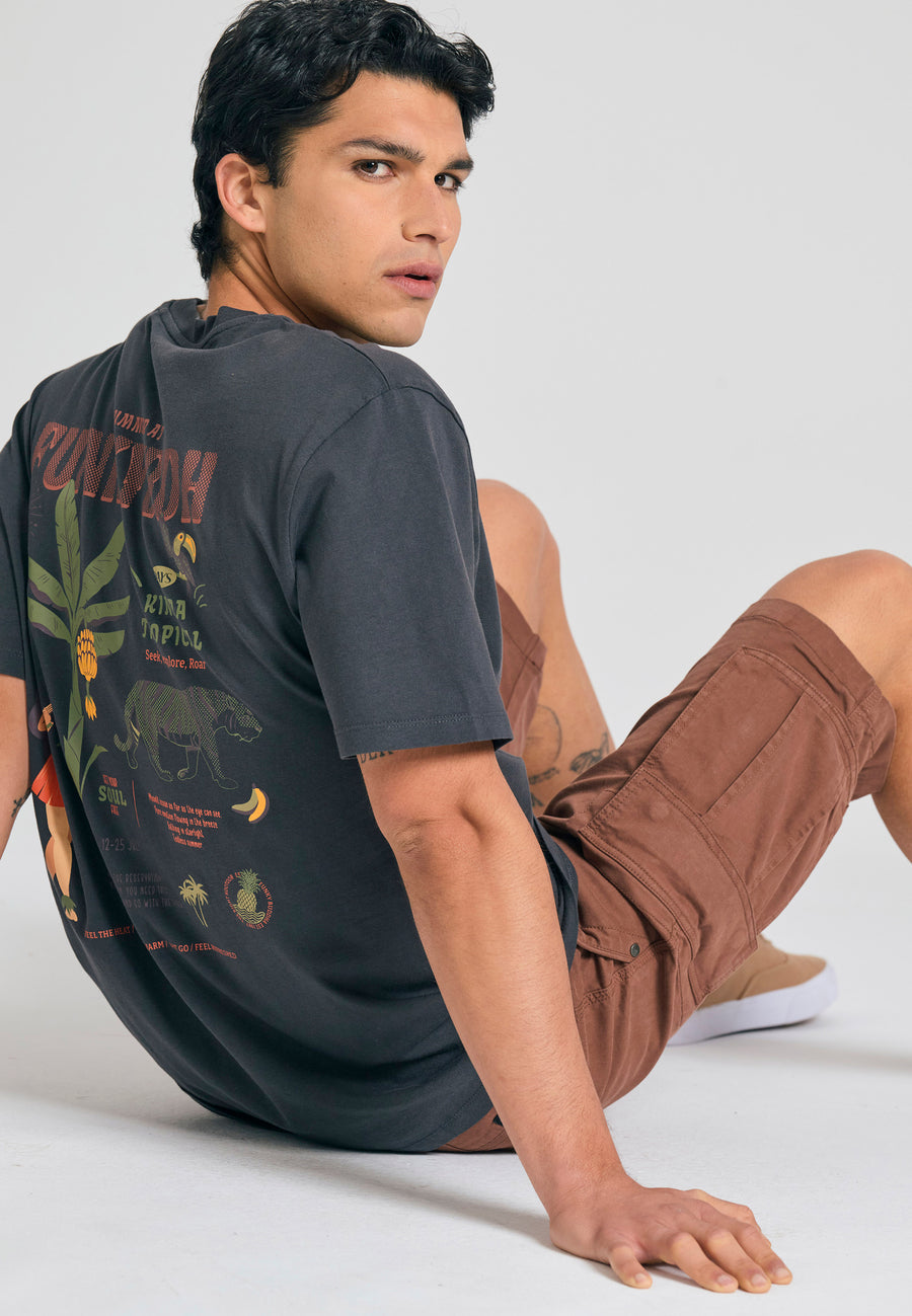 Tricou cu croială lejeră și imprimeu tropical pe spate - Antracit