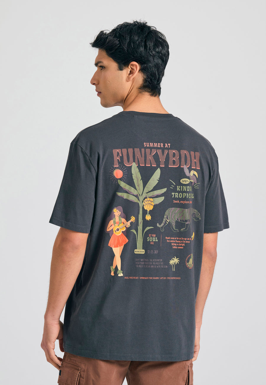 Tricou cu croială lejeră și imprimeu tropical pe spate - Antracit