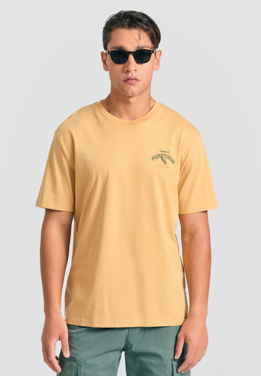 Tricou cu croială lejeră și imprimeu tropical pe spate - Bej