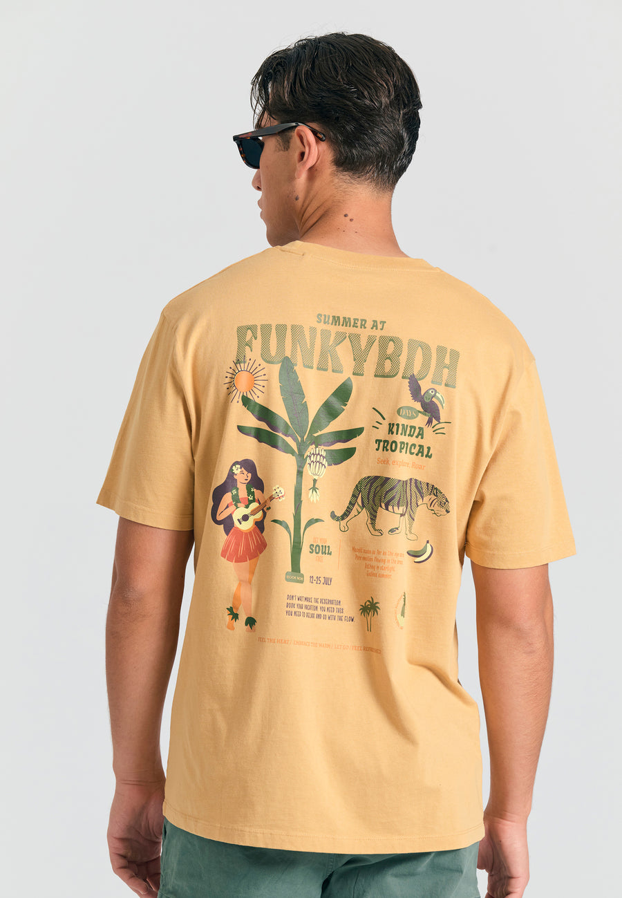 Tricou cu croială lejeră și imprimeu tropical pe spate - Bej