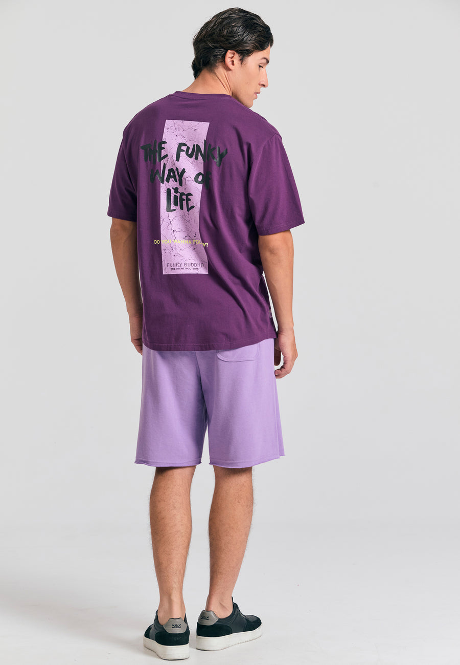 Tricou cu croială lejeră și imprimeu grafic pe spate - Prună