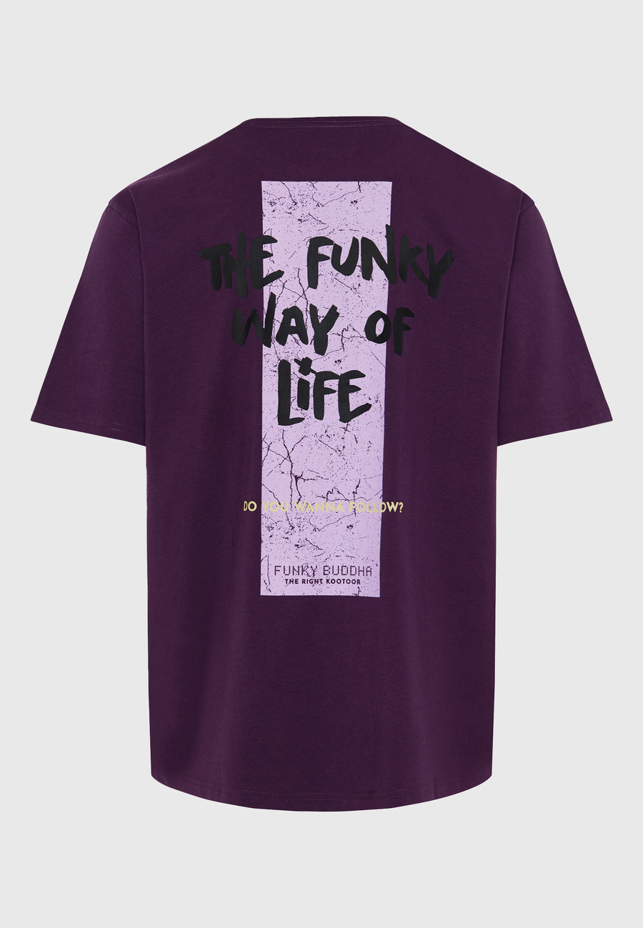 Tricou cu croială lejeră și imprimeu grafic pe spate - Prună