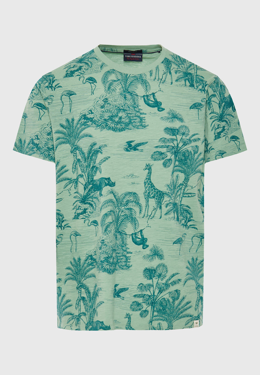Crew neck t-shirt with exotic all over print - Sage green