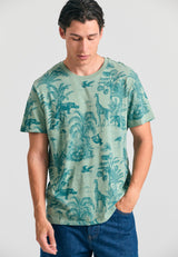 Crew neck t-shirt with exotic all over print - Sage green