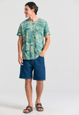 Crew neck t-shirt with exotic all over print - Sage green