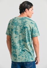 Crew neck t-shirt with exotic all over print - Sage green