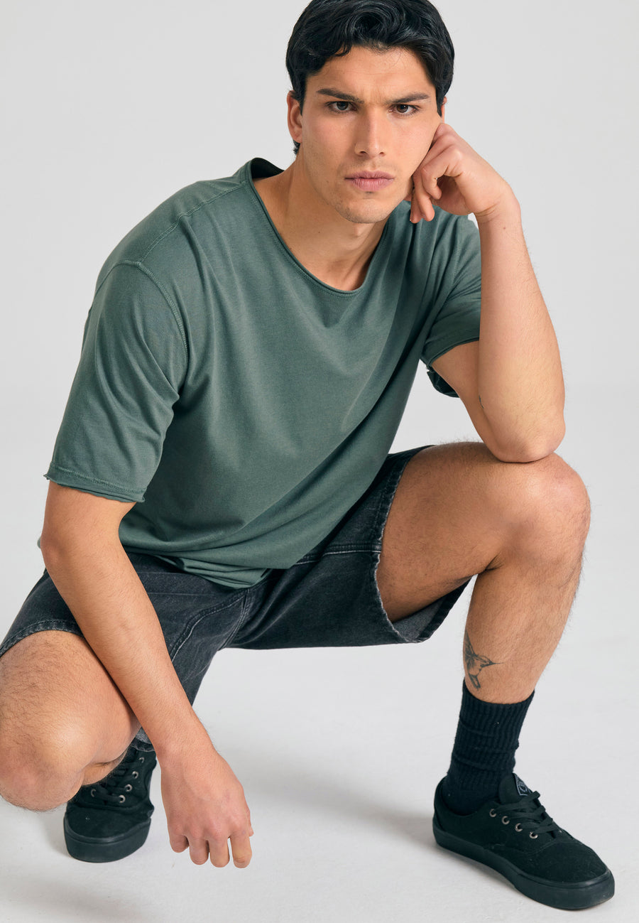 Tricou cu croială lejeră și margini brute - Verde mineral