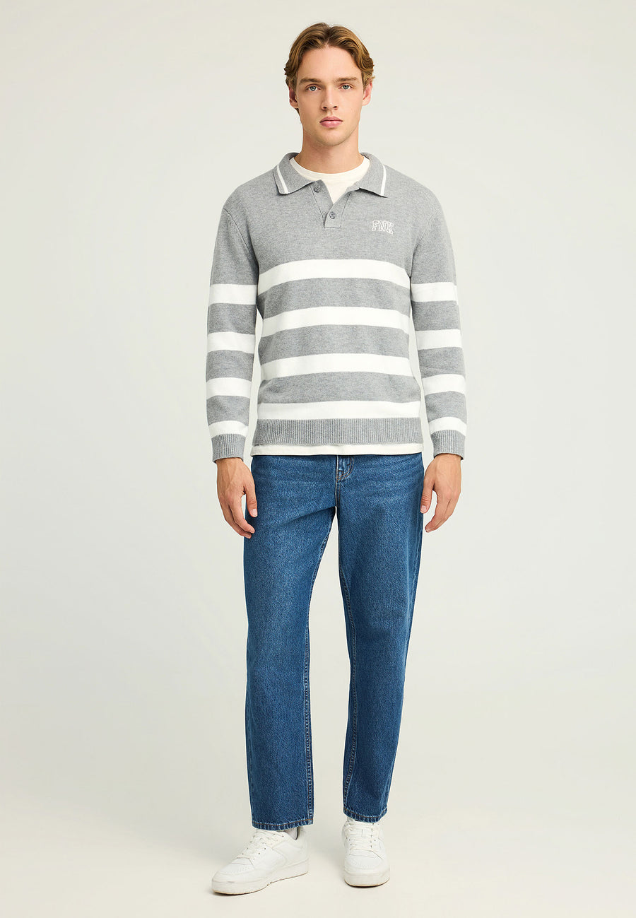 Pulover tricotat cu dungi și guler pentru bărbați