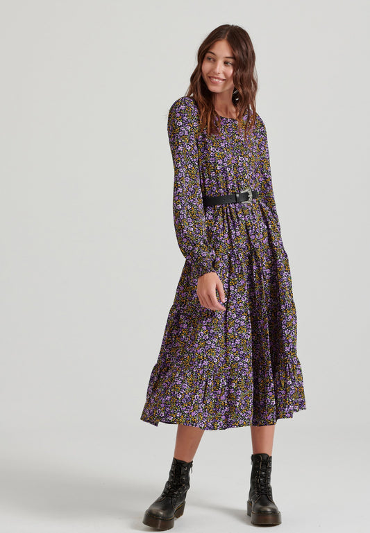 Rochie midi cu imprimeu floral și volane