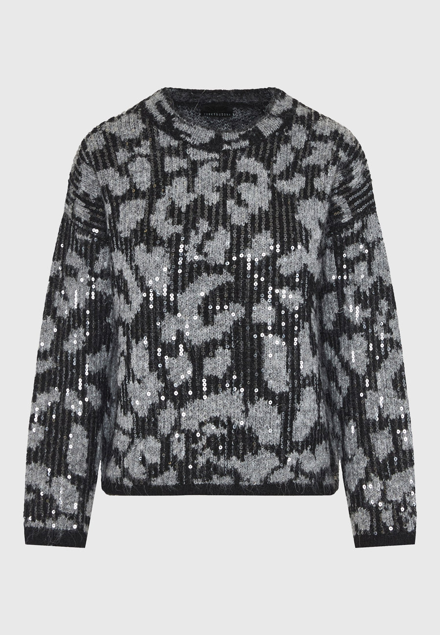 Pulover tricotat cu paiete și imprimeu animal