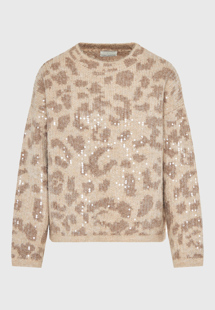 Pulover tricotat cu paiete și imprimeu animal